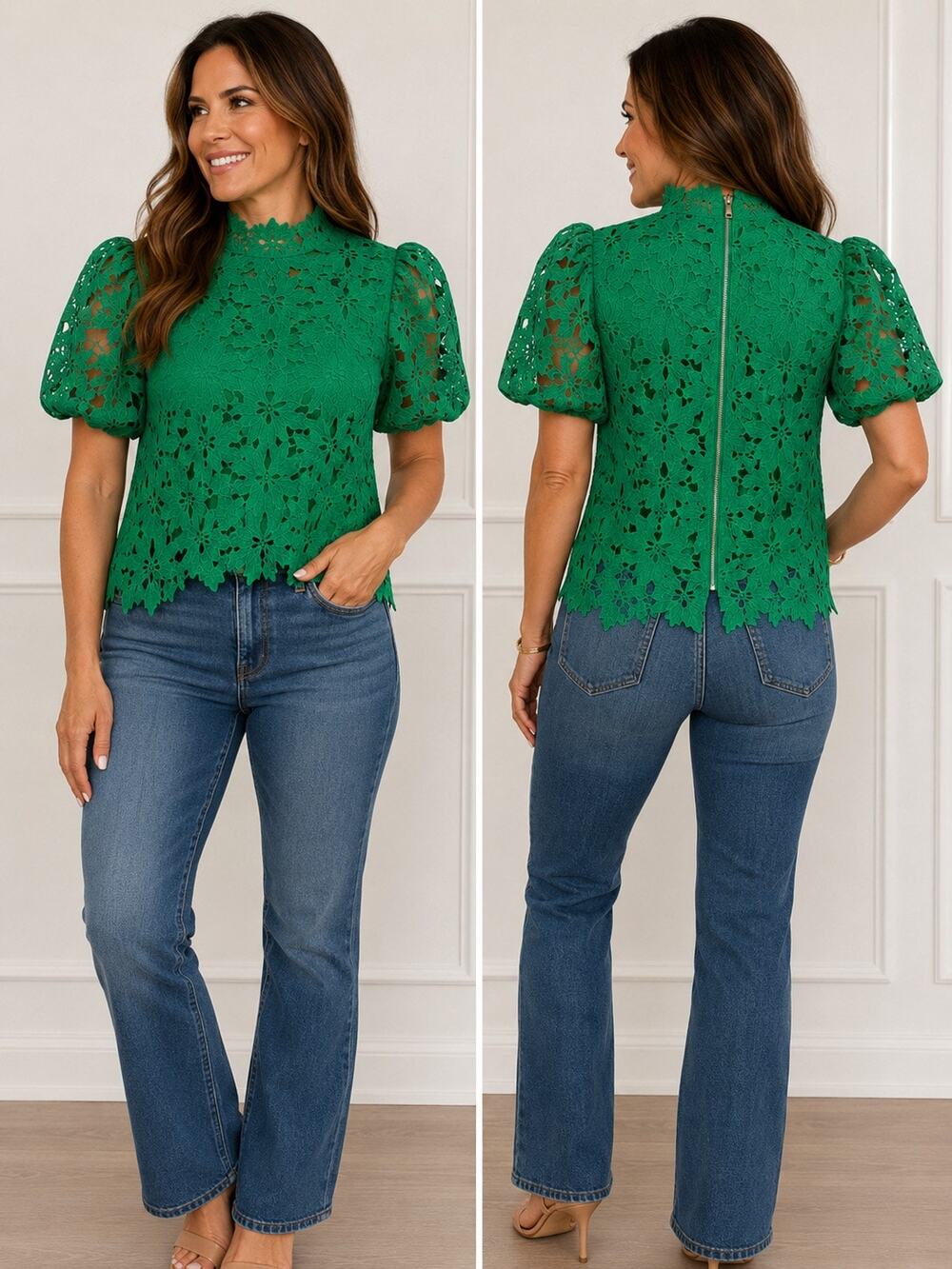 Valentine Emerald Green Floral Lace Puff Sleeve Mock Neck Top Small NWT